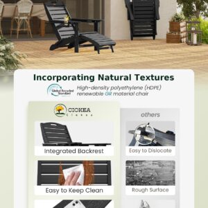 Ciokea Folding Adirondack Chair with Retractable Ottoman Fire Pit Patio Chair with Pull Out Foot Rest Weather Resistant Lawn Outdoor Lounge Chair with 2 Cup Holder (Black)