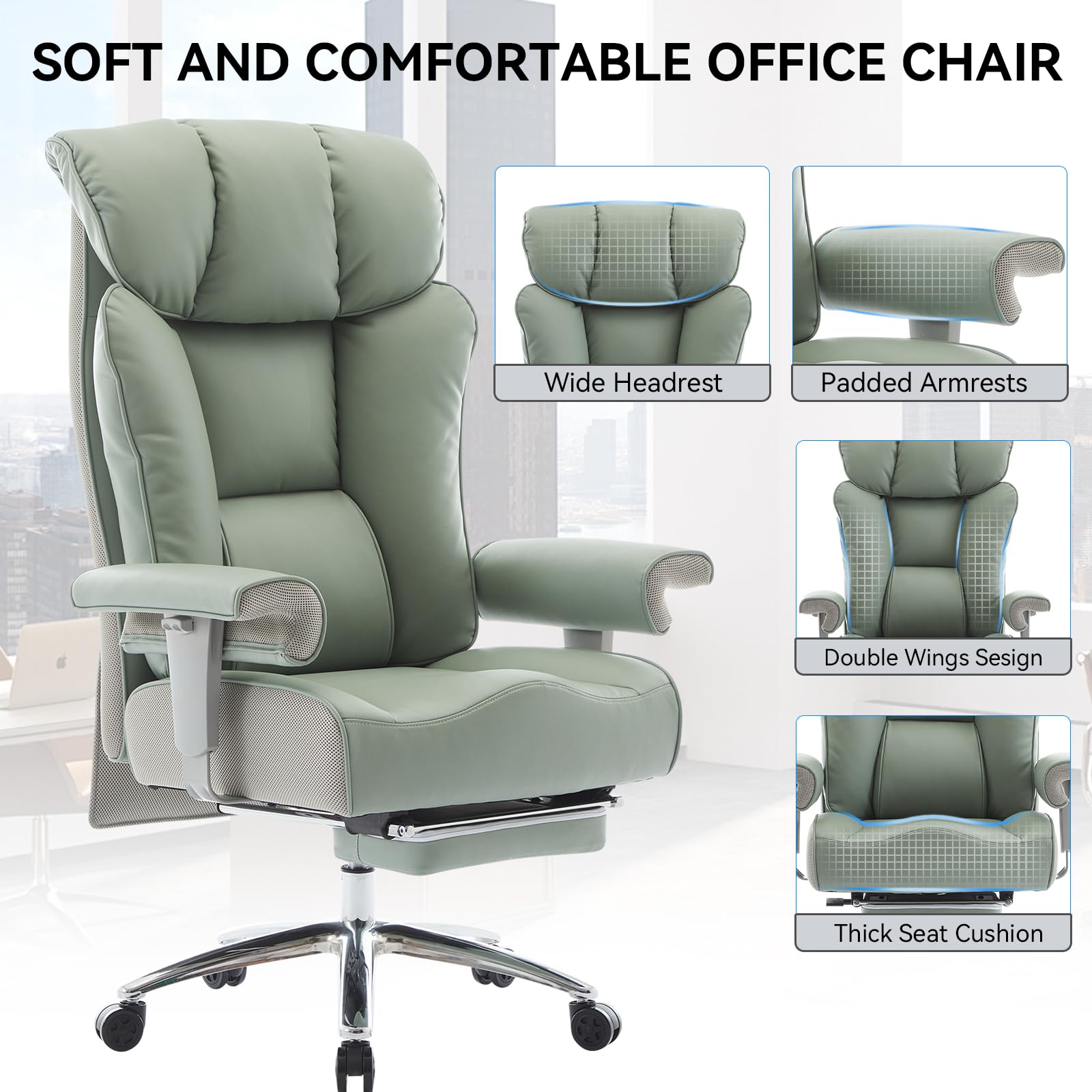 Efomao Big and Tall Office Chair 450lbs, Ergonomic Office Chair, Executive Office Chair for Heavy People, Computer Chair with Foot Rest, High Back Office Chair, PU Leather Green Office Chair