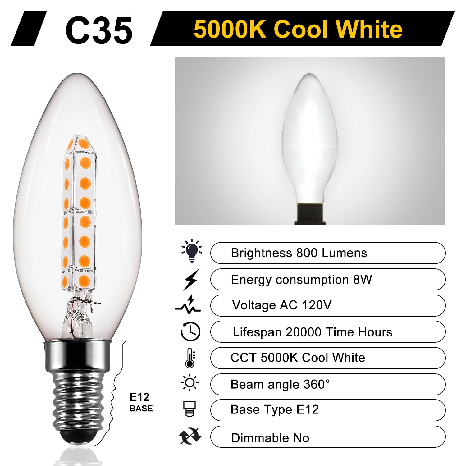 NS Light Bulbs E12 ETL Listed Not Dimmable Candelabra LED Light Bulbs 100W Equivalent，B11 High Brightness Daylight White 5000K，Clear Glass，6 Pack