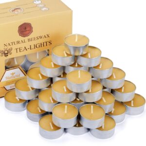 natural beeswax tea candles in metal aluminum cup - organic mini beeswax candle natural scent smokeless 4-5 hours long burning - yellow, pack of 36