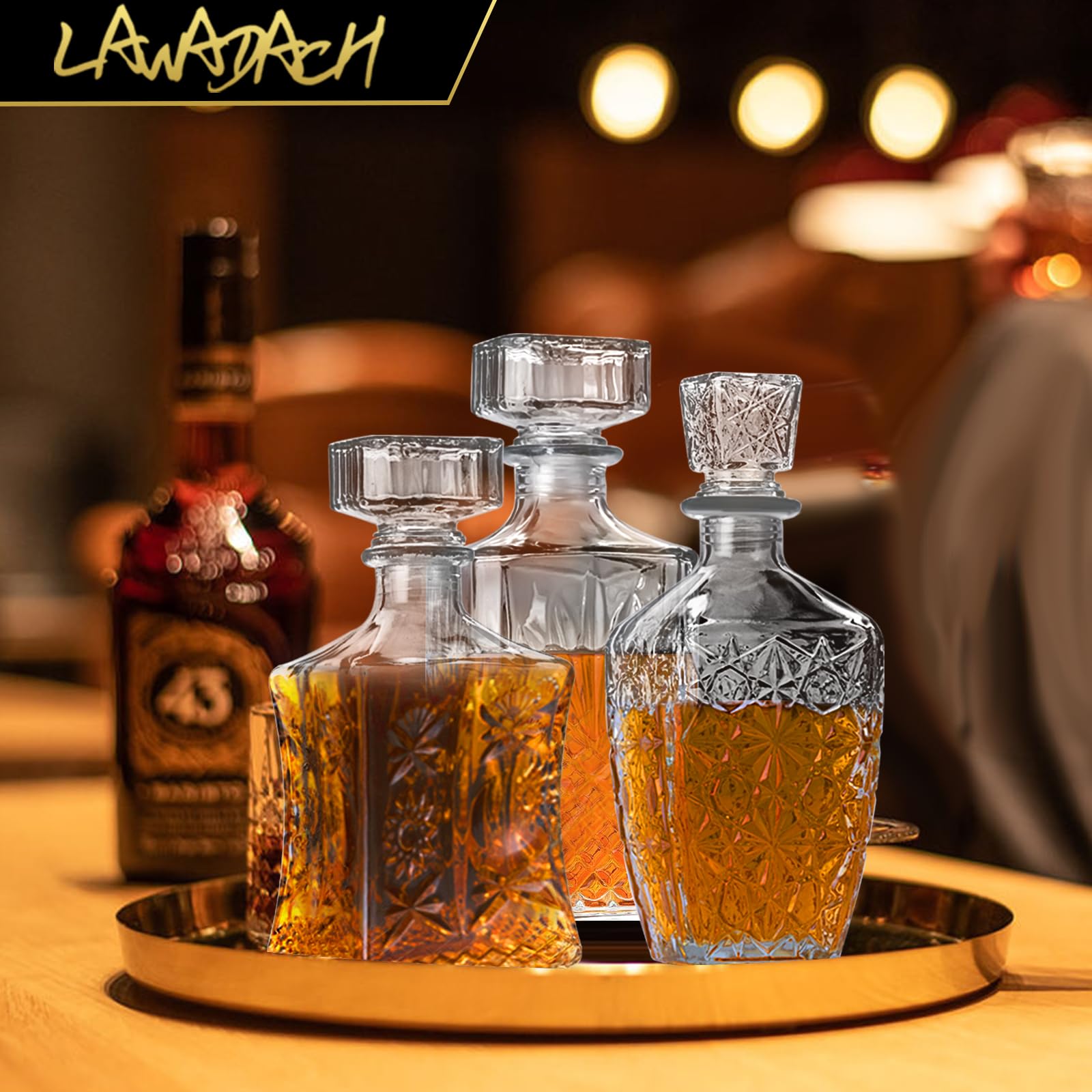 LAWADACH Liquor Decanters Whiskey Decanter Set of 3 Glass Alcohol Bottle for Tequila, Brandy and Vodka Unique Liquor Bar and Party Decorations (28oz*2, 31oz*1)