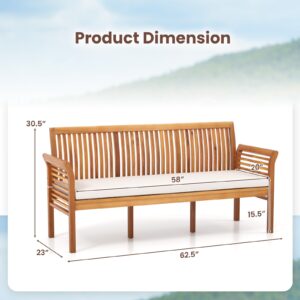 RELAX4LIFE 62.5’’ Outdoor Bench Acacia Wood - 3-Person Patio Bench w/Backrest, Armrests & Removable Seat Cushion, Slatted Wooden Garden Bench for Front Porch Park Backyard, 1200 LBS Weight Capacity