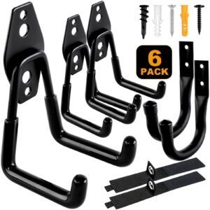 remiawy garage hooks heavy duty, steel utility garage storage hook 6 pack, wall mount double tool hangers with anti-slip coating for hanging and organizing ladder bike, garden tools, bulk items