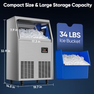 Coolski Commercial Ice Maker Machine 100LBS/24H, Under Counter Ice Maker with 34LBS Storage Capacity, Stainless Steel Ice Machine for Restaurant Home Bar, DOE