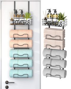 over the door towel racks for bathroom,6-tier rolled or folded towel rack wall mounted with metal shelf, bathroom towel holder organizer for bath, hand towels, black