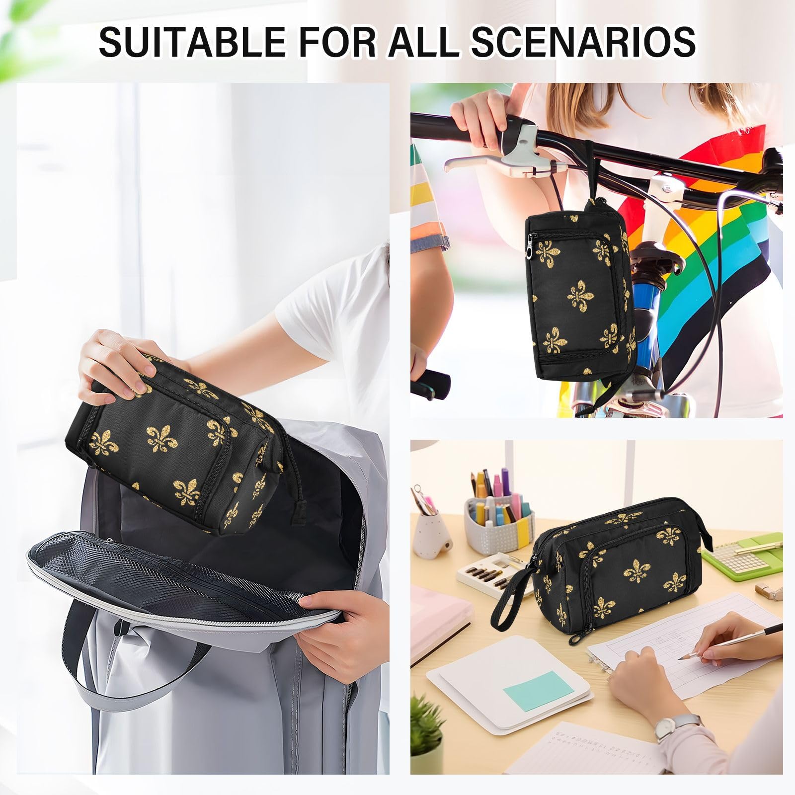 DEHOZO Portable Pencil Case Pen Bag with Zipper, Mardi Gras Fleur De Lis Large Pencil Pouch Pen Case Stationery Bag for Office School Student, Multifunctional Pen Box for Girl Boy Men Women