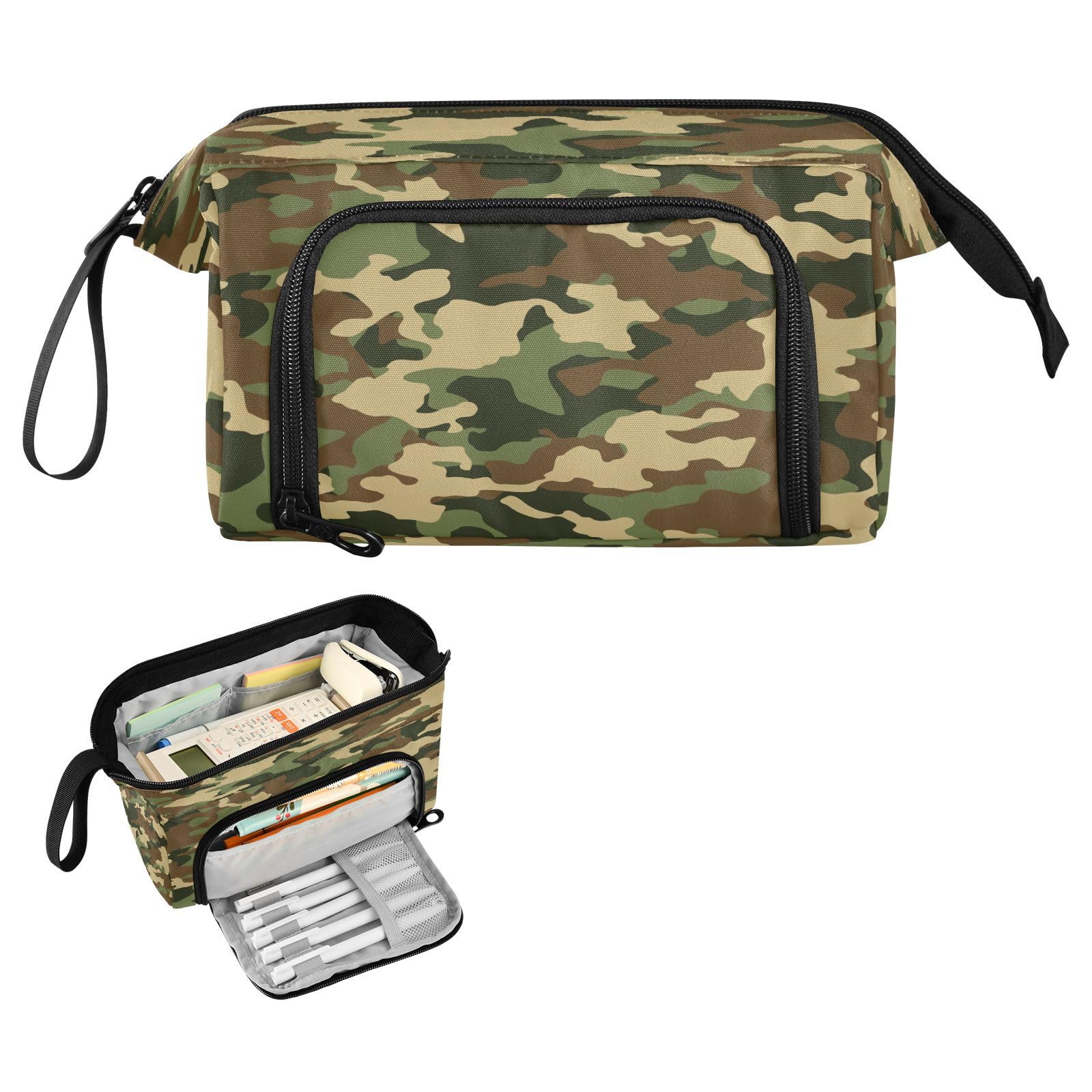 DEHOZO Portable Pencil Case Pen Bag with Zipper, Military Camo Camouflage Large Pencil Pouch Pen Case Stationery Bag for Office School Student, Multifunctional Pen Box for Girl Boy Men Women