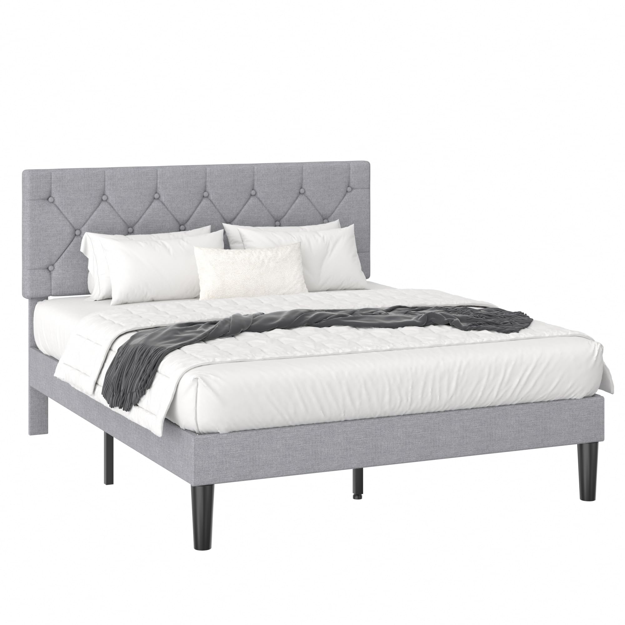 VECELO Full Bed Frame with Button Tufted Headboard, Upholstered Platform Bedframe with Wood Slat Support, No Box Spring Needed, Grey