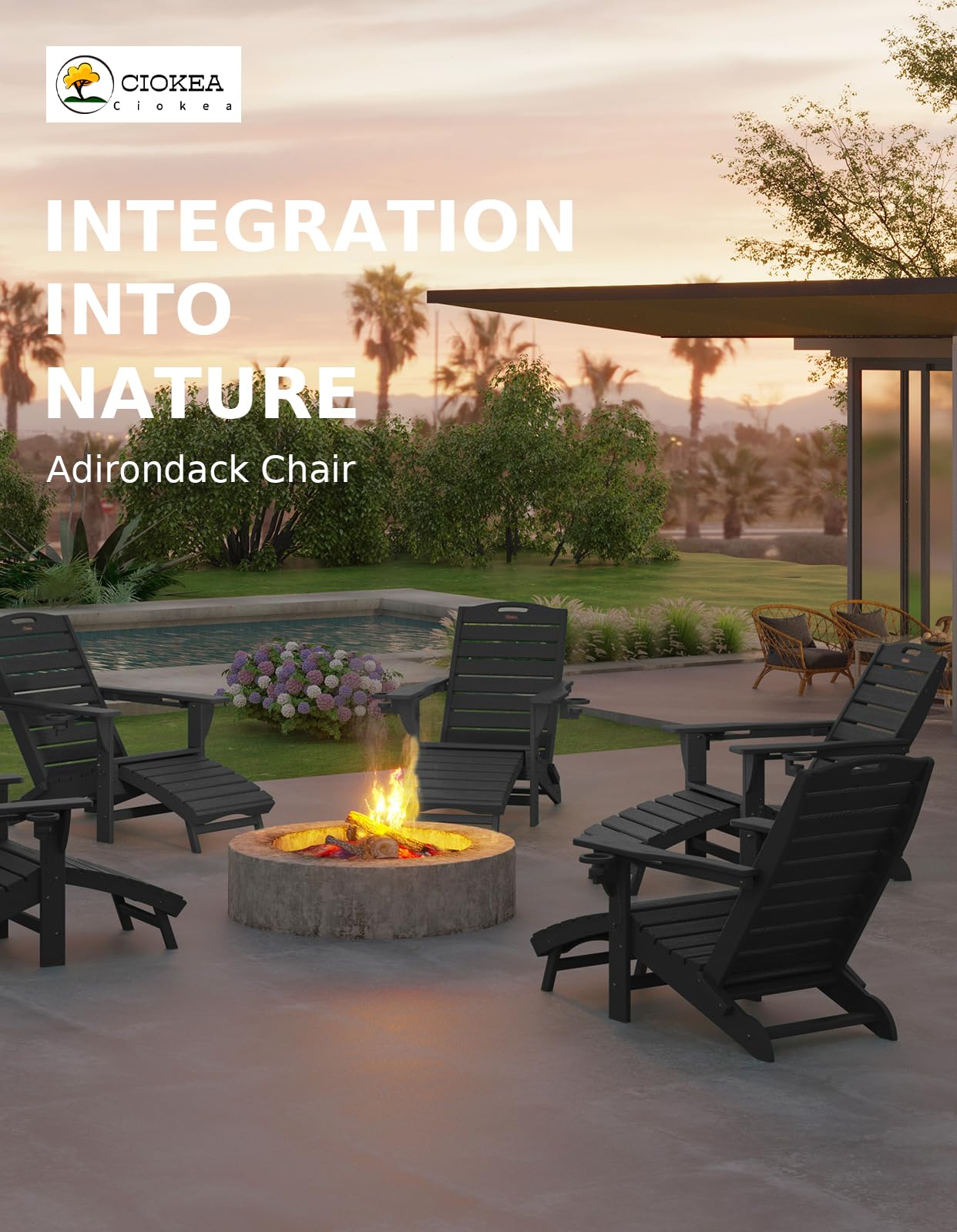 Ciokea Folding Adirondack Chair with Retractable Ottoman Fire Pit Patio Chair with Pull Out Foot Rest Weather Resistant Lawn Outdoor Lounge Chair with 2 Cup Holder (Black)