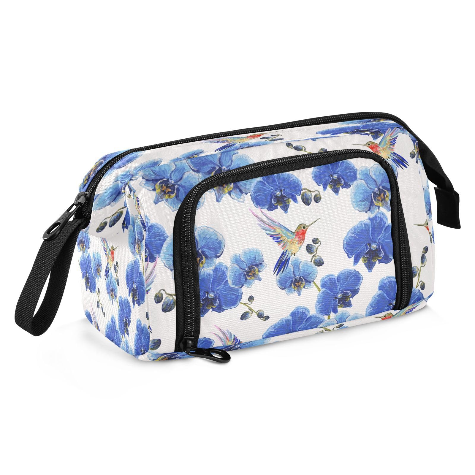 DEHOZO Portable Pencil Case Pen Bag with Zipper, Blue Flower Orchid Hummingbird Large Pencil Pouch Pen Case Stationery Bag for Office School Student, Multifunctional Pen Box for Girl Boy Men Women