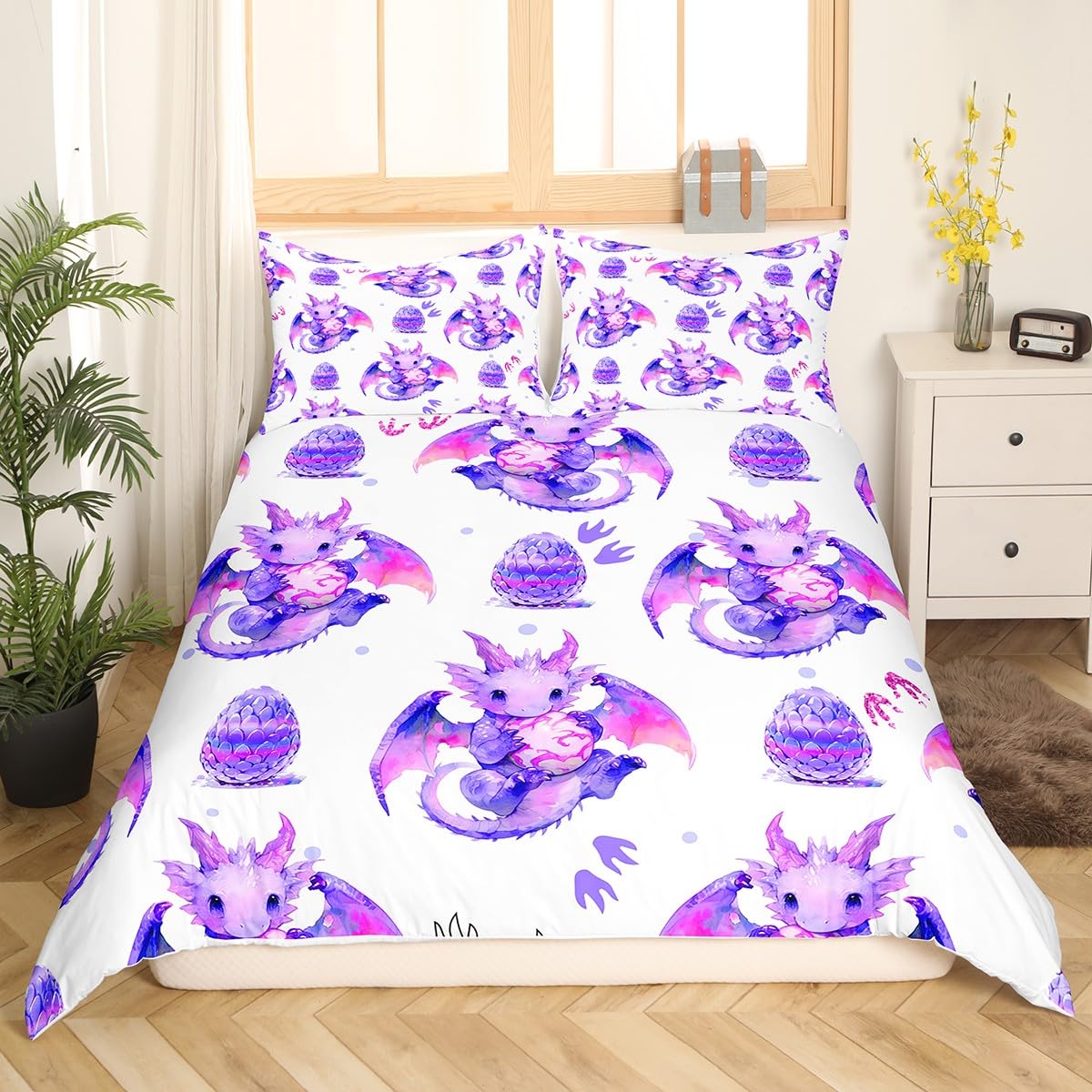 Feelyou Cartoon Dragon Bedding Set Twin Size Kids Dragon Egg Print Comforter Cover Set for Boys Girls Wild Animal Duvet Cover 3D Dragon Purple Bedspread Cover Room Decor Quilt Cover