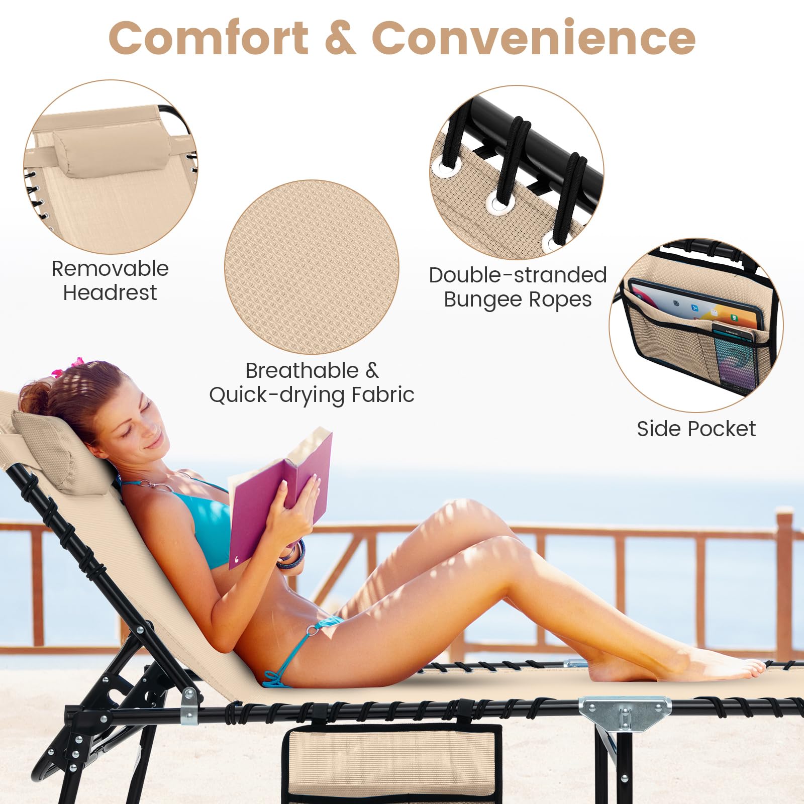 Tangkula Beach Lounge Chair for Outside, Folding Chaise Lounge Outdoor with 4-Position Backrest, Removable Headrest and Side Pocket, Portable Sunbathing Tanning Chair for Patio, Poolside (1, Beige)