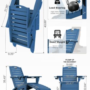 Ciokea Folding Adirondack Chair with Retractable Ottoman Fire Pit Patio Chair with Pull Out Foot Rest Weather Resistant Lawn Outdoor Lounge Chair with 2 Cup Holder (Navy Blue)