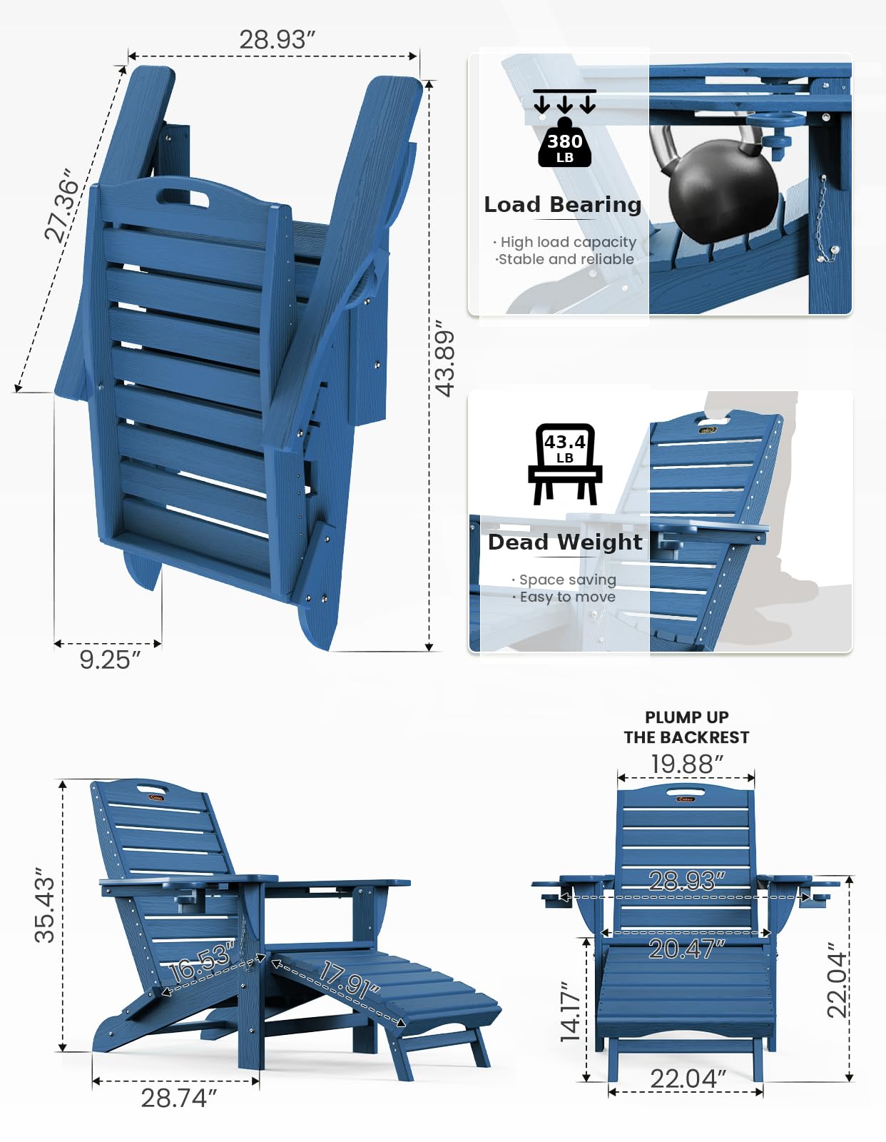 Ciokea Folding Adirondack Chair with Retractable Ottoman Fire Pit Patio Chair with Pull Out Foot Rest Weather Resistant Lawn Outdoor Lounge Chair with 2 Cup Holder (Navy Blue)