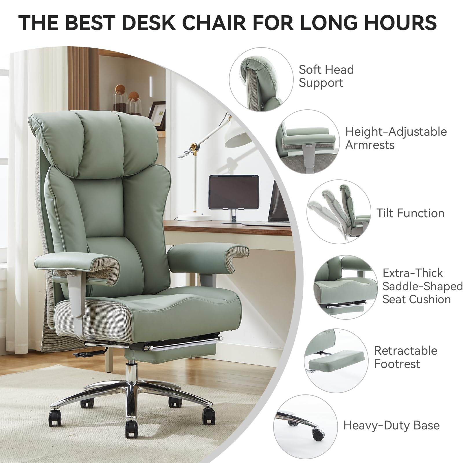 Efomao Big and Tall Office Chair 450lbs, Ergonomic Office Chair, Executive Office Chair for Heavy People, Computer Chair with Foot Rest, High Back Office Chair, PU Leather Green Office Chair