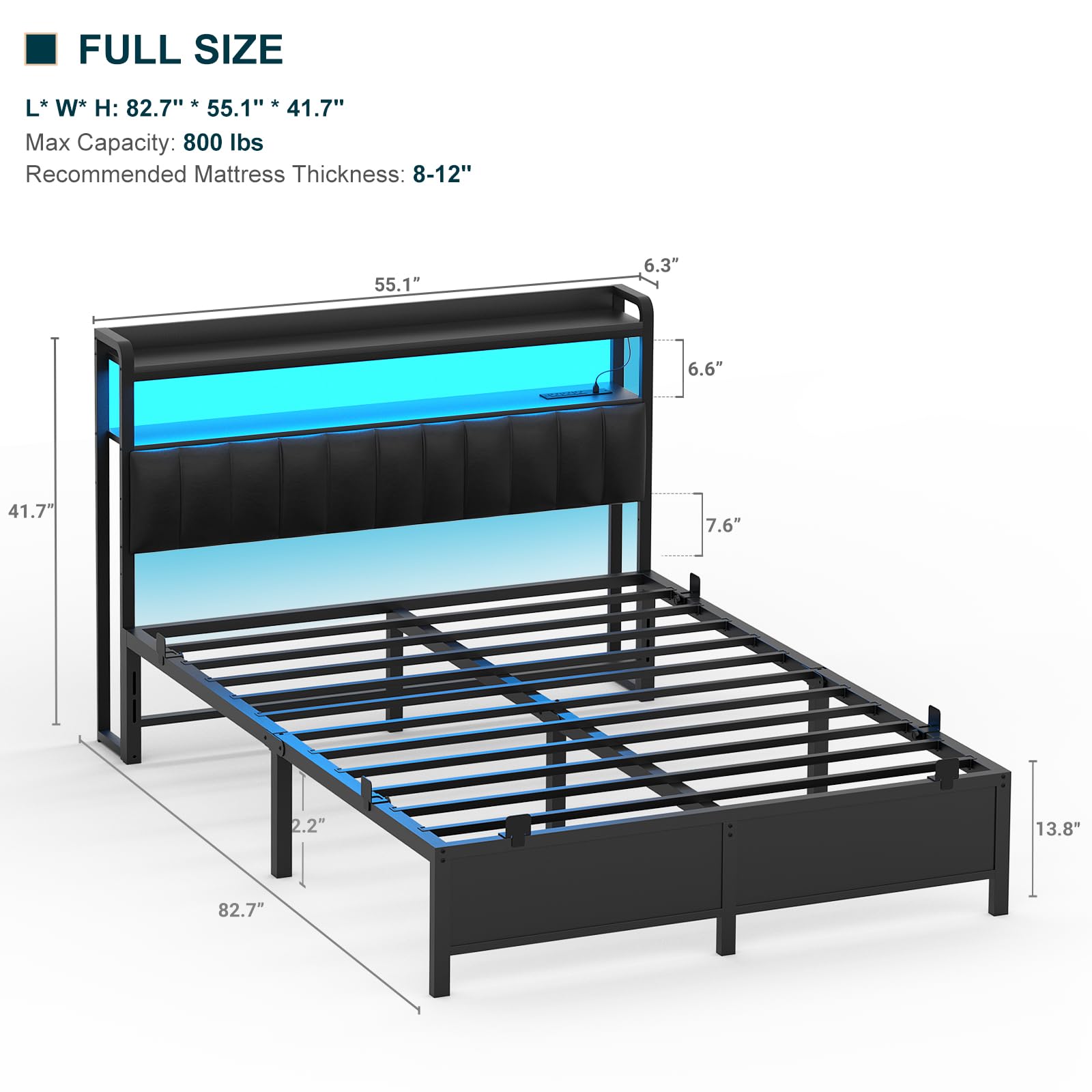 Homieasy Full Size Bed Frame with Charging Station, Adjustable Upholstered Faux Leather Headboard, Industrial Platform Bed with LED Lights, Steel Slat Support, No Box Spring Needed, Black