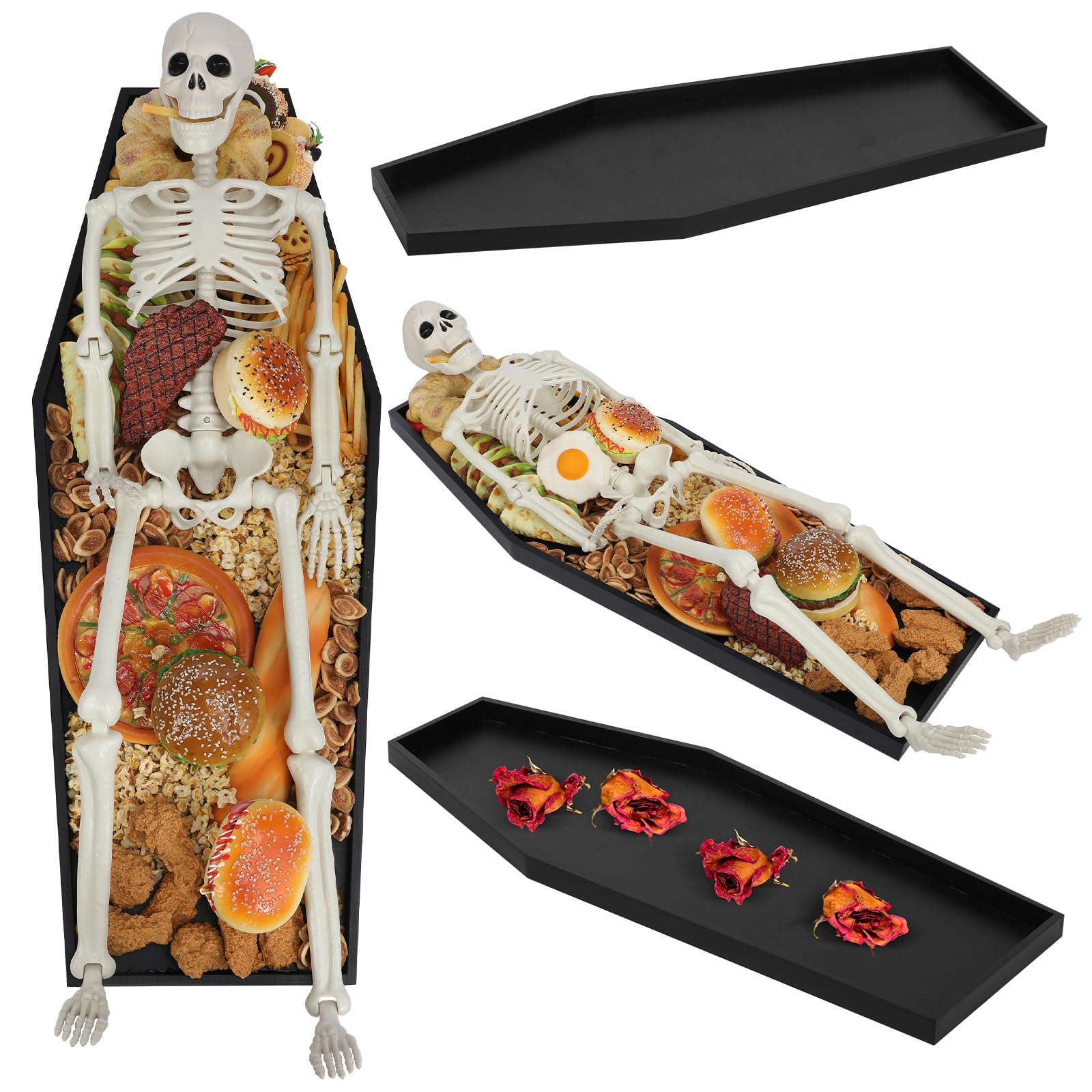 Seeloowy 32'' Halloween Coffin Charcuterie Board with 36" Skeleton Extra Large Wooden Coffin Serving Tray Board 3 ft Skeleton Spooky Gothic Home Decor for Halloween Party Gothic Accessories