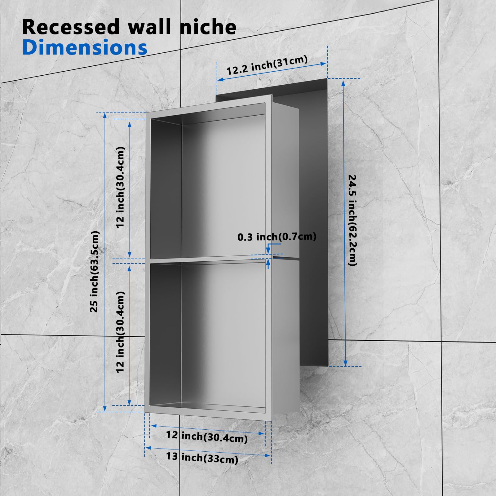 QAOYEDE Shower Niche Insert No Tile Needed, 24"x12" Stainless Steel Niche for Shower Wall, Recessed Shower Shelf for Bathroom Storage 2 Layer,Brushed Nickel