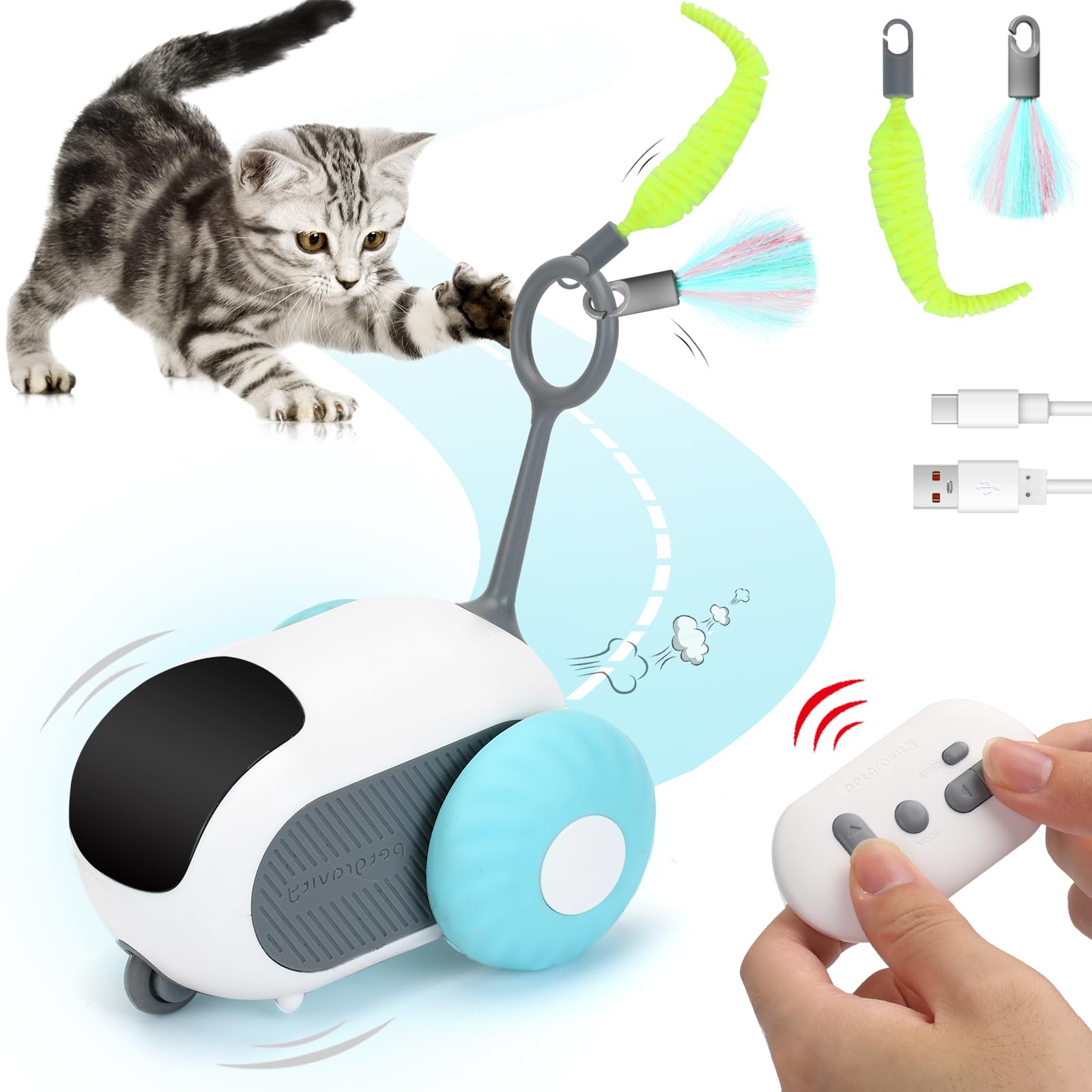 Turbo Tail 3.0 Cat Toy, Remote Control Cat Toy with 2-Speed Adjustment, Interactive Cat Toys for Indoor Cats, Rechargeable Automatic Cat Toys, Moving Cat Toy for Bored Indoor Adult Cat (Blue)