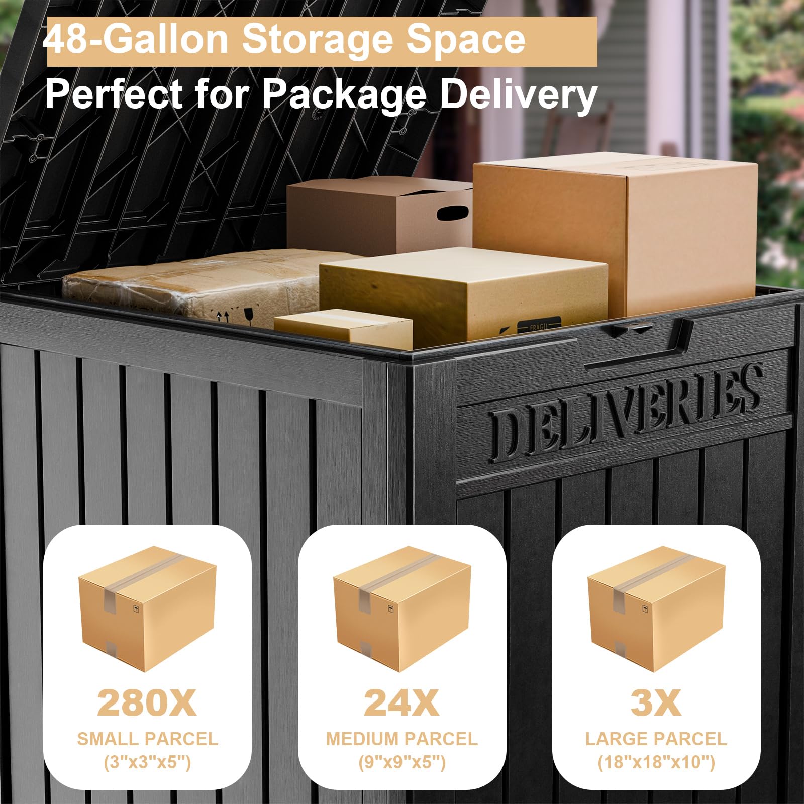 MAIUSCOLI 48 Gallon Resin Package Delivery Box - Rust & Moisture Resistant, Lockable, Waterproof Deck Box for Porches, Patios, Indoor & Outdoor Use (Black)