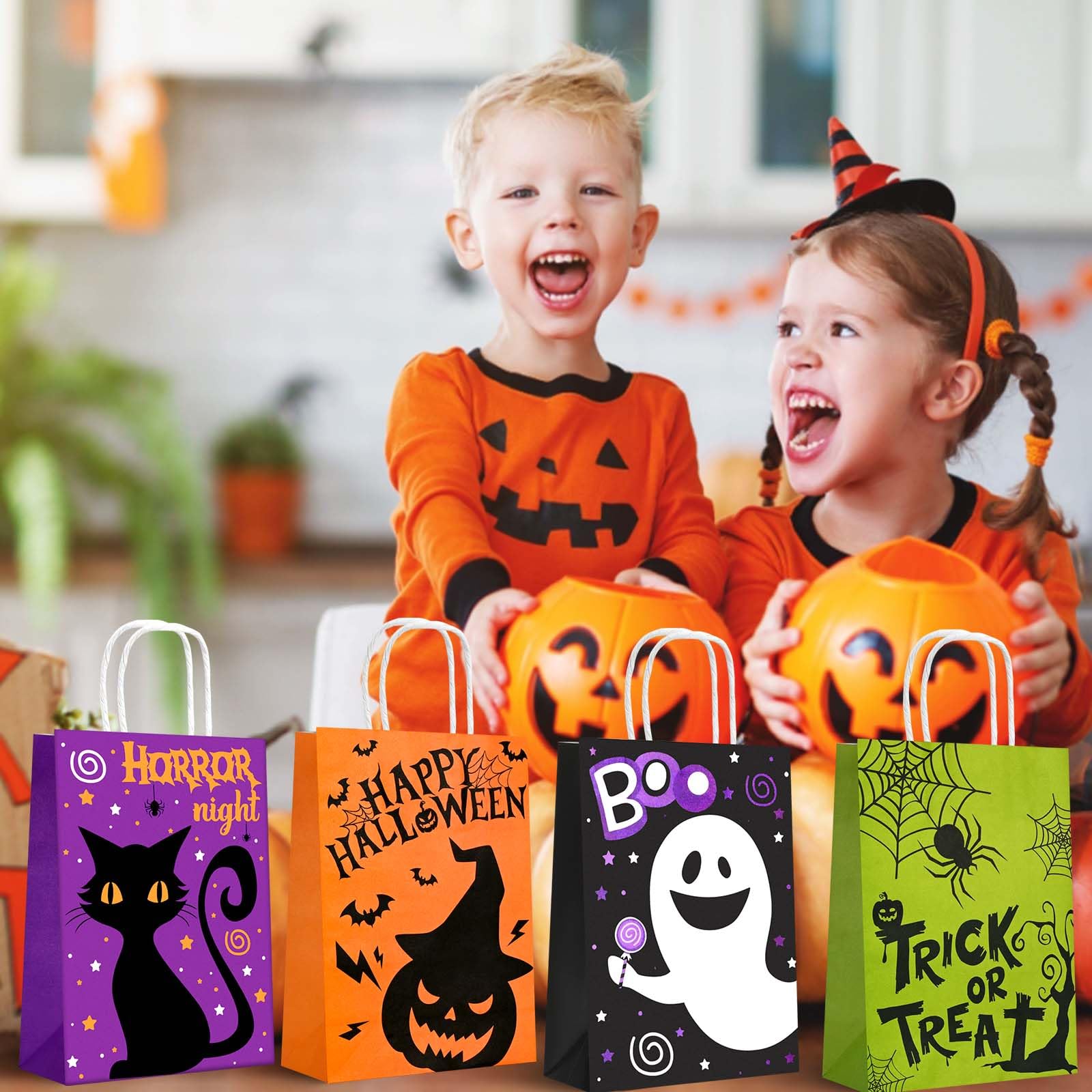 24Pcs Halloween Trick or Treat Paper Gift Bags Happy Halloween Theme Candy Bags with Handles Pumpkin Ghost Black Cat Goodie Favors Bags for Gift Wrapping Holiday Birthday Party DIY Crafts