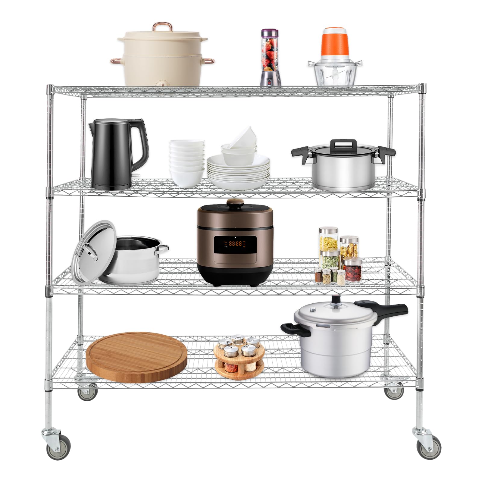 Adjustable Storage Shelves with Wheels, Wire Shelving Unit with Wheels, Metal Shelves for Storage, Pantry Shelves for Kitchen, 4 Tier Metal Shelving, Storage Rack Load 1760LBS, 60" L x 24" W x 58" H