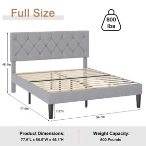 VECELO Full Bed Frame with Button Tufted Headboard, Upholstered Platform Bedframe with Wood Slat Support, No Box Spring Needed, Grey