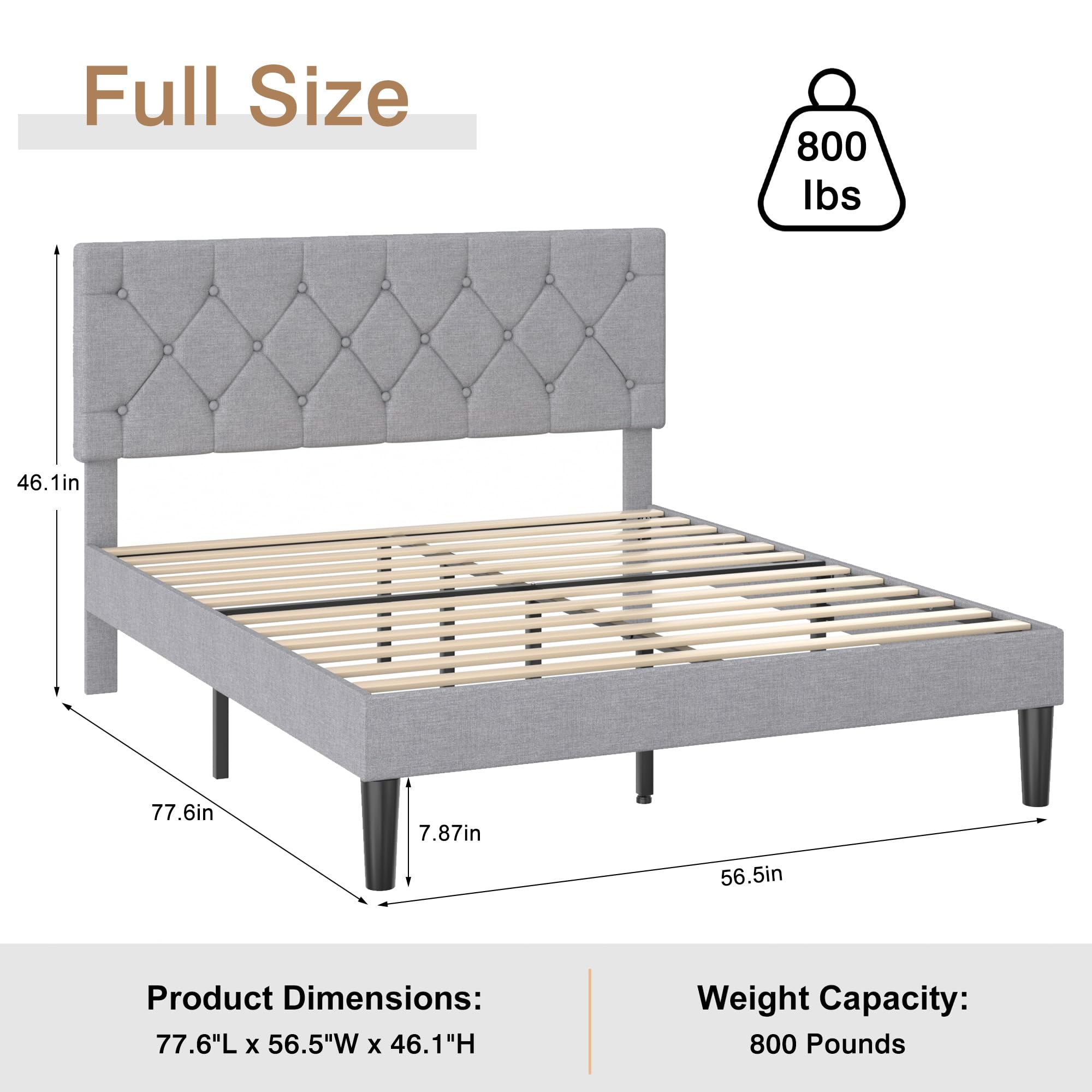 VECELO Full Bed Frame with Button Tufted Headboard, Upholstered Platform Bedframe with Wood Slat Support, No Box Spring Needed, Grey