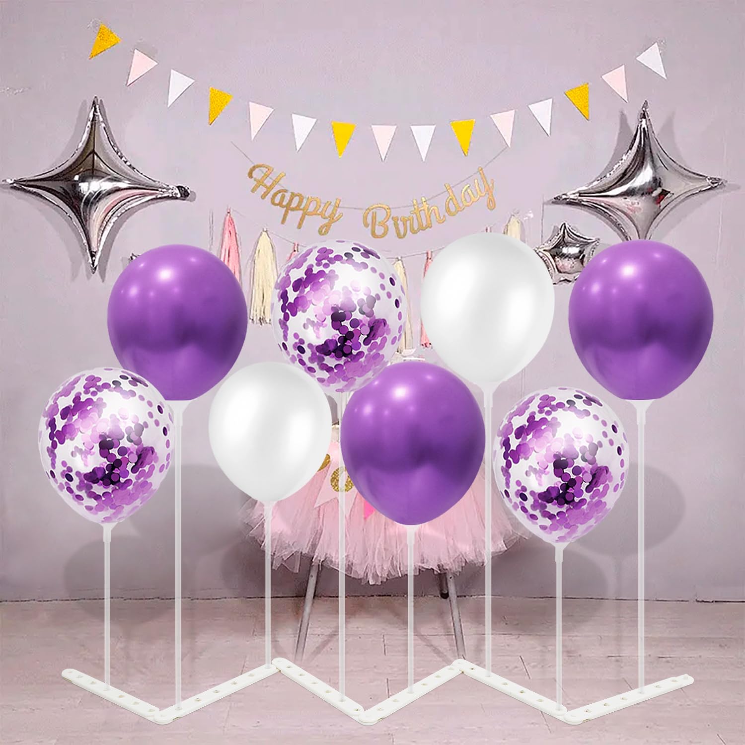 ZJDHPTY Balloon Stand with 10 Pcs Purple and White Balloons, Centerpiece Table Decorations for Birthday Bridal Shower Engagement Wedding Mother's Day New Years Decorations 2025 (Purple White 4pack)