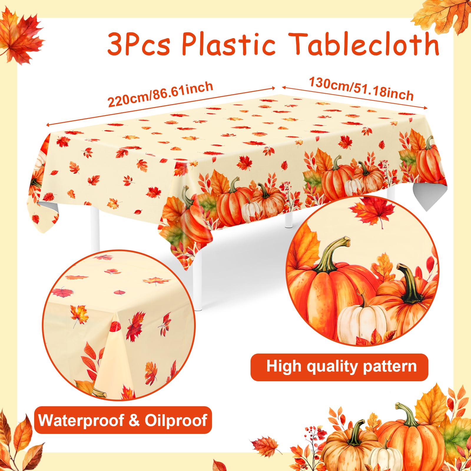 3 Pack Thanksgiving Tablecloth Disposable Fall Pumpkin Maple Plastic Tablecloths for Rectangle Tables Friendsgiving Waterproof Table Cover for Fall Decorations for Home, Thanksgiving Party Table Decor