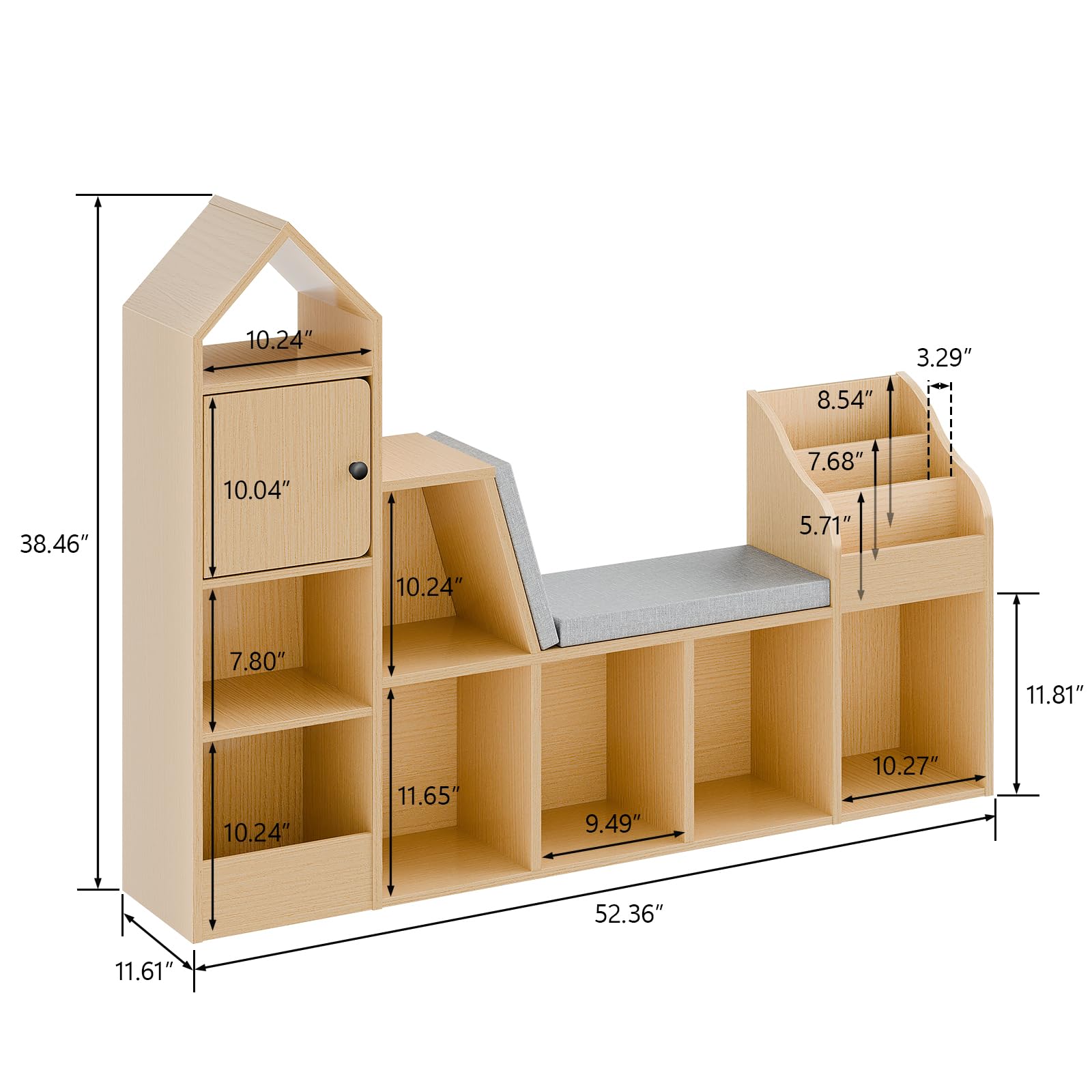 Halitaa Kids Reading Nook with Bench - Bookshelf & Bookcase with Seat Cushion, 7 Opening Storage Cubbies, 5-Tier File Organizers, Toy Storage Box and Chest for School, Playroom, Bedroom