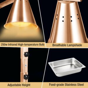 Restlrious Food Heat Lamp Freestanding Commercial Head Food Warmer, Gold Frame Stainless Steel 120V Electric Fan-Shaped Lampshade Food Heat Lamp with 250W Bulb & 1/2 Food Pan, for Buffet Food Service