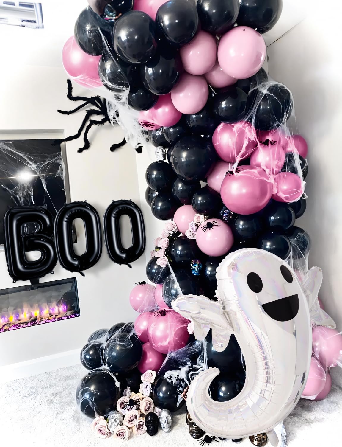 Pink Halloween Balloon Garland Arch Kit,122Pcs Halloween Black pink White Balloons Large Boo Ghost Foil Balloons Spider Balloons for Girl Birthday Baby Shower Party Decorations