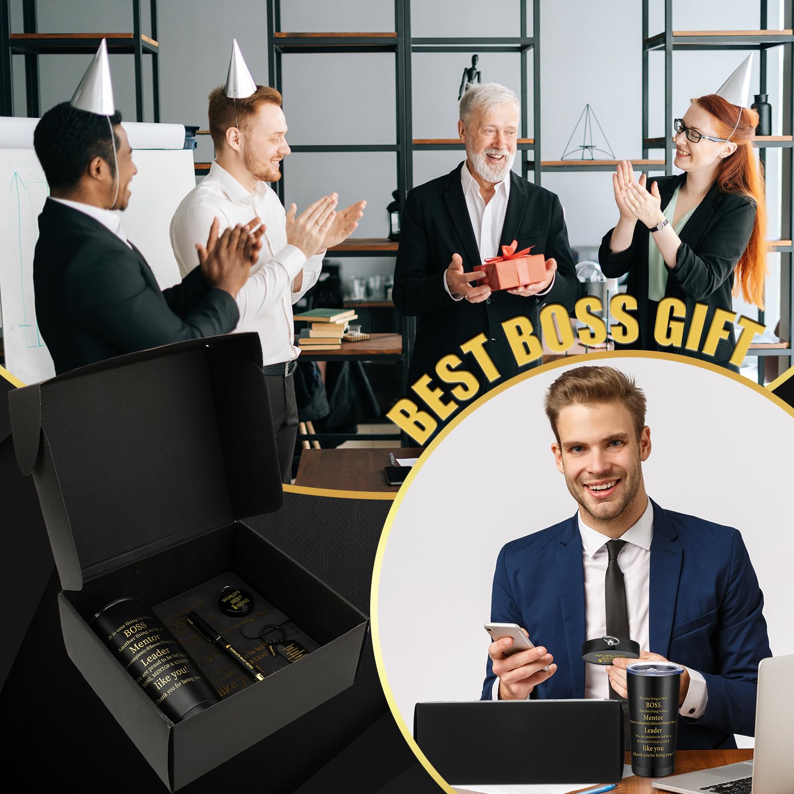 6 Pcs World's Best Boss Gifts for Men World's Best Boss Mug Set Christmas Birthday Office Gifts for Boss Include 20 oz Stainless Steel Tumbler Notebook Ballpoint Pen with Gift Box Keychain Compass