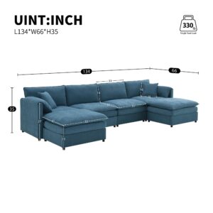 Modern U-Shaped Cloud Couch Set with Double Cushions, Chenille Modular 6-Seat Sectional Sofa Sleeper Bed with Ottomans Blue