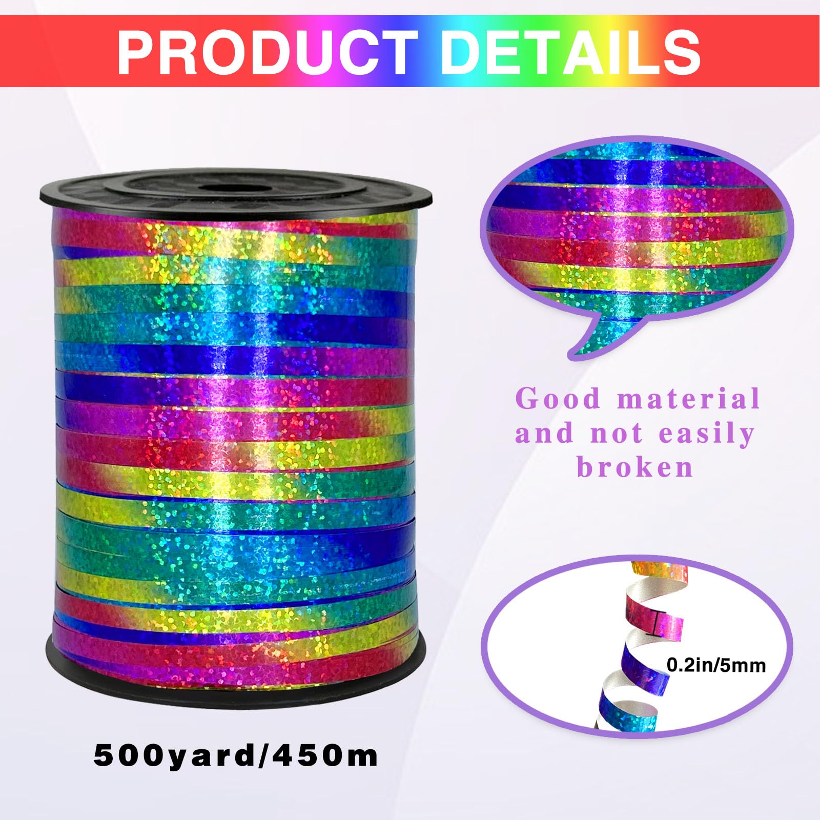 500 Yards Rainbow Laser Curling Ribbon,1/5" Holographic Curly Ribbons,Curling Shiny Ribbon for Gifts Package Wrapping, Party Festival Art Craft Decor,Florists, Weddings,Bows,Crafts wrap