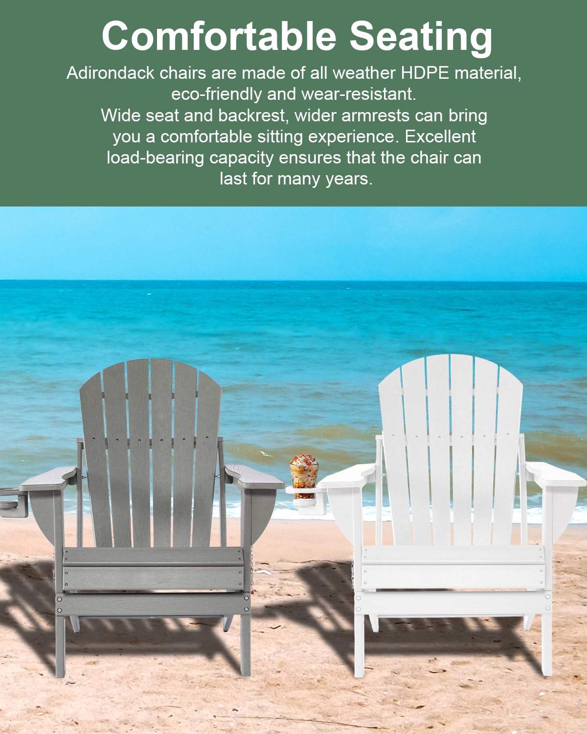 Withniture Folding Adirondack Chairs, HDPE Adirondack Chair Wood Texture Plastic Adirondack Chairs with Cup Holder, Weather Resistant Fire Pit Chairs for Backyard Deck, White