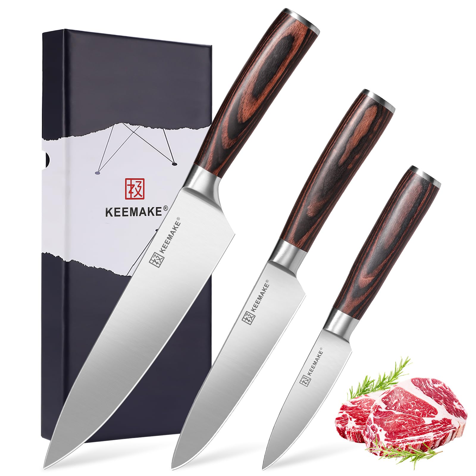 KEEMAKE Knife Set Kitchen Knives - 1.4116 High Carbon Stainless Steel Professional Chef Knife Set of 3 - Razor Sharp Japanese Cooking Knife