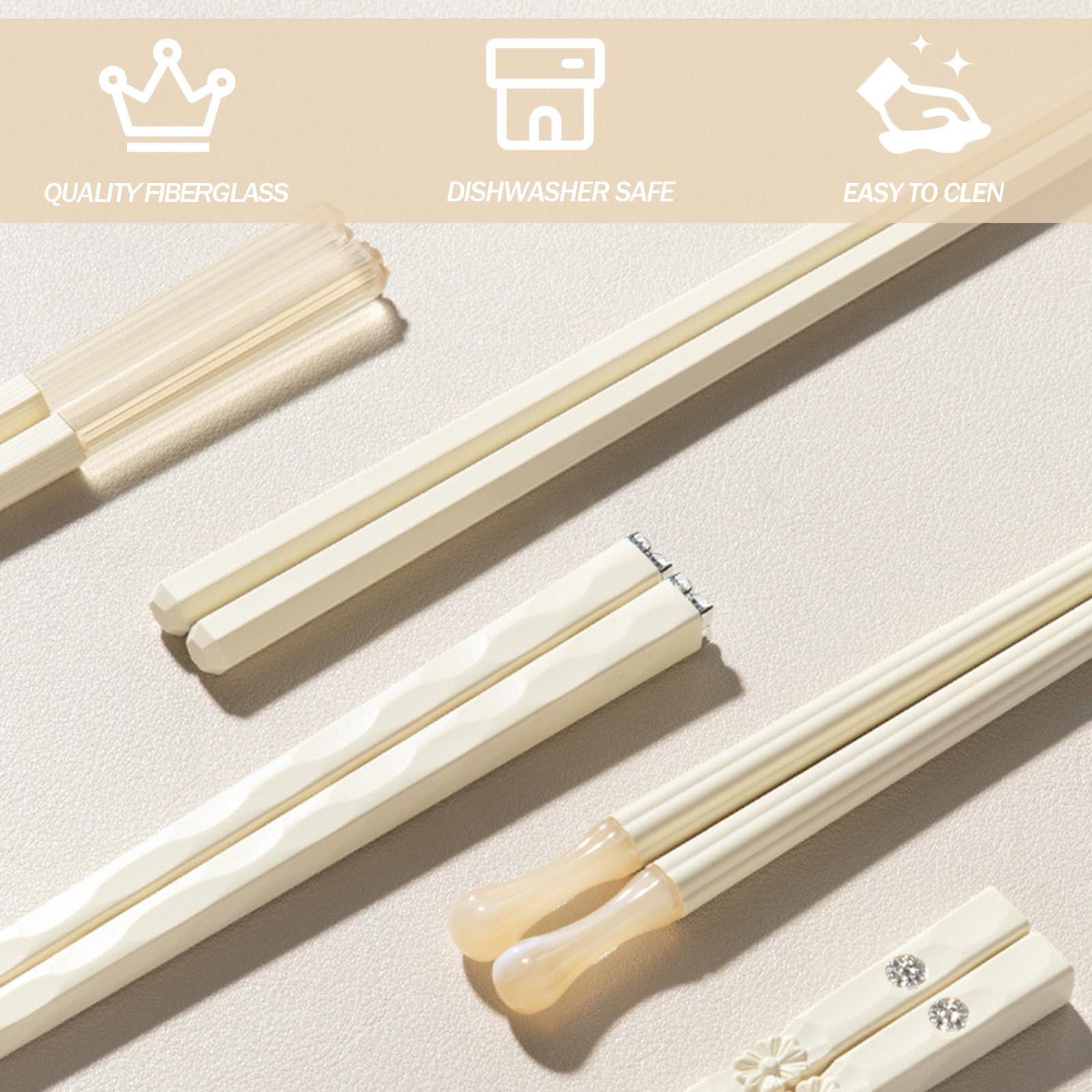 5 Pairs Chopsticks Reusable, 9.57 inches Premium Japanese Chinese Non-slip Fiberglass Chopsticks Dishwasher Safe, Lightweight Chopsticks for Party Family Hotel, Cream Yellow