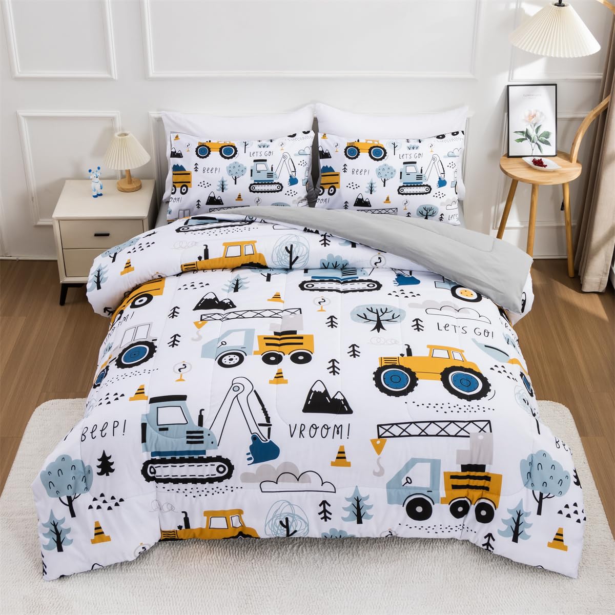 NTBED 5 Pieces Construction Truck Full Comforter Set for Boys Kids Forest Vehicles Excavator Lightweight Microfiber Bedding Sets