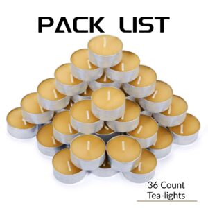 Natural Beeswax Tea Candles in Metal Aluminum Cup - Organic Mini Beeswax Candle Natural Scent Smokeless 4-5 Hours Long Burning - Yellow, Pack of 36