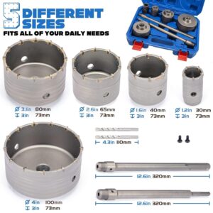 XDOVET 9PCS Concrete Hole Saw Kits with 2 Drill Bits and SDS Plus & Max Shank Hole Saw Tool Set for Concrete Cement Brick Stone Wall Drilling Kit Size 30 40 65 80 100 MM