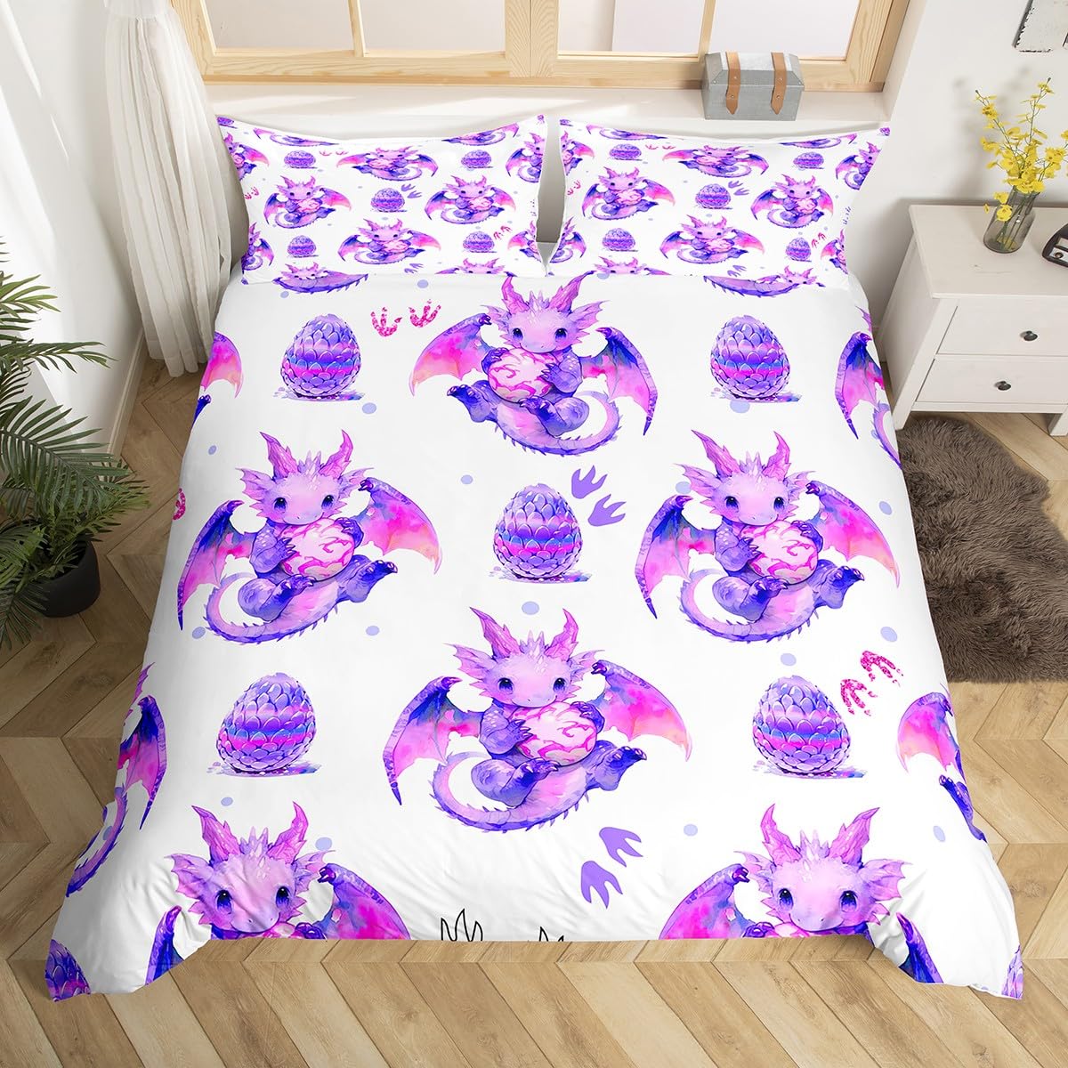 Feelyou Cartoon Dragon Bedding Set Twin Size Kids Dragon Egg Print Comforter Cover Set for Boys Girls Wild Animal Duvet Cover 3D Dragon Purple Bedspread Cover Room Decor Quilt Cover