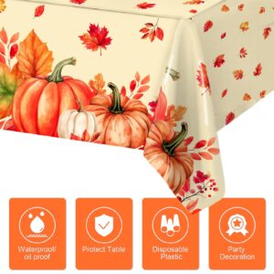 3 Pack Thanksgiving Tablecloth Disposable Fall Pumpkin Maple Plastic Tablecloths for Rectangle Tables Friendsgiving Waterproof Table Cover for Fall Decorations for Home, Thanksgiving Party Table Decor