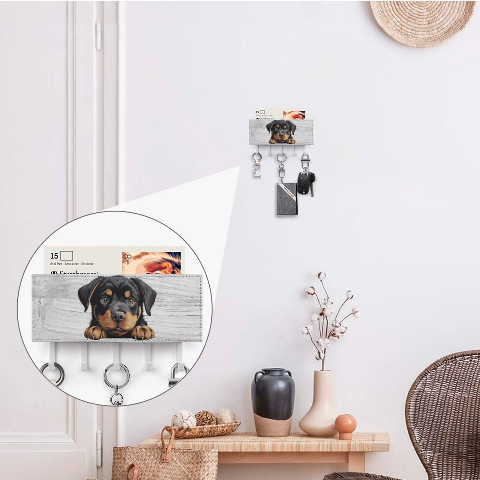 Rottweiler Key Holder Dog Mom Gift Wall Mount Key Hanger Self Adhesive Key Hanging Rack Rustic Mail Holder Decorative for Home Office Entryway 7x4 Inch