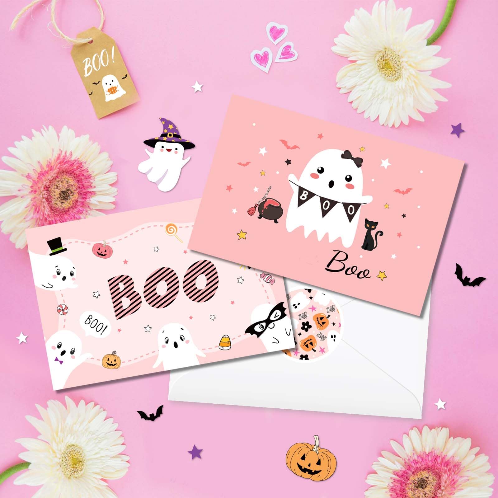 Kavoc 36Pcs Halloween Ghost Thank You Cards with Envelopes Pink Boo Ghost Pumpkin Pattern Greeting Cards for Baby Shower Halloween Party Invitation Supplies