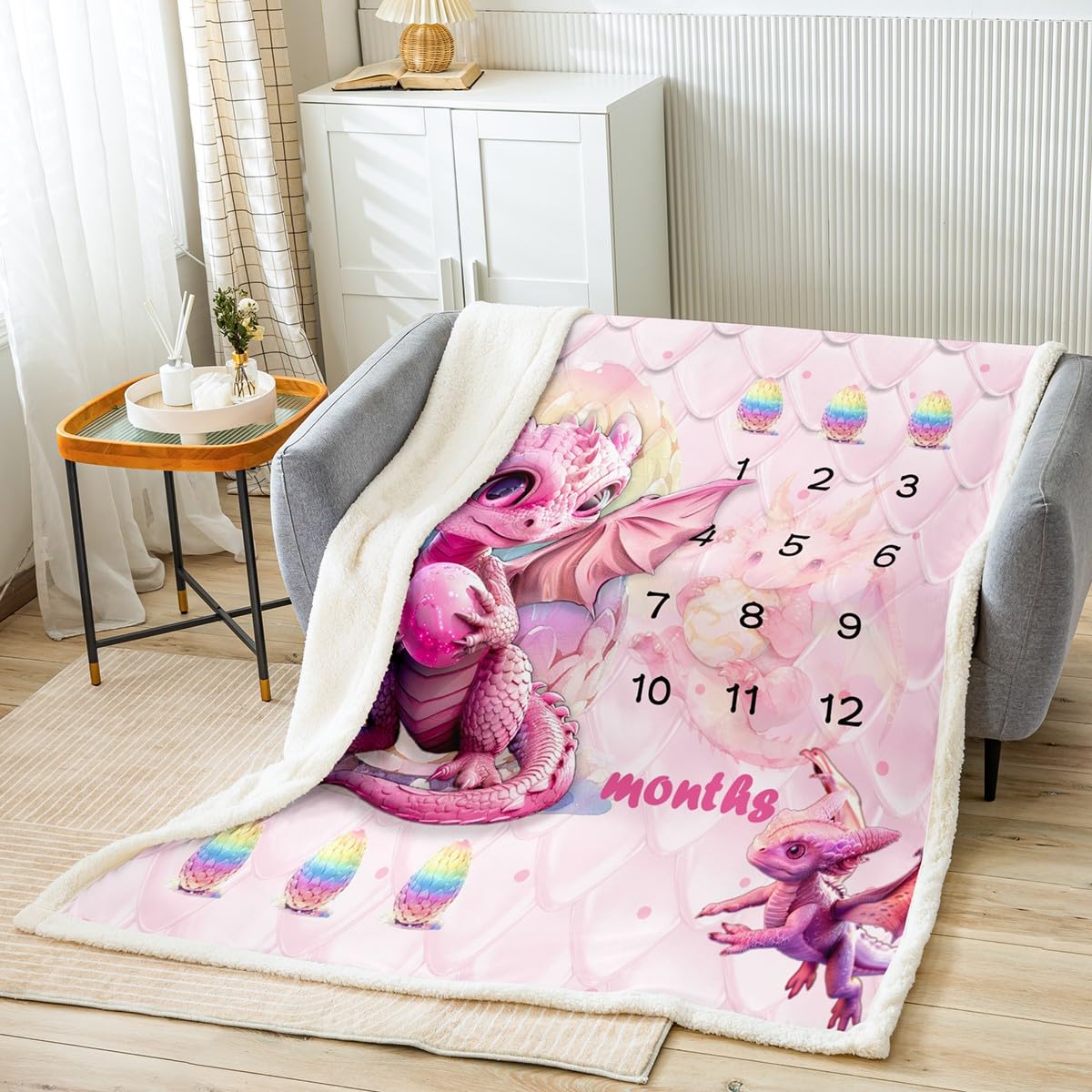 Feelyou Kids Pink Dragon Fleece Throw Blanket Dragon Eggs Sherpa Blanket Baby 30"x40" for Boys Girls Teens Bedroom Decor Dragon Scale Plush Blanket Educational Theme Pink Fuzzy Blanket