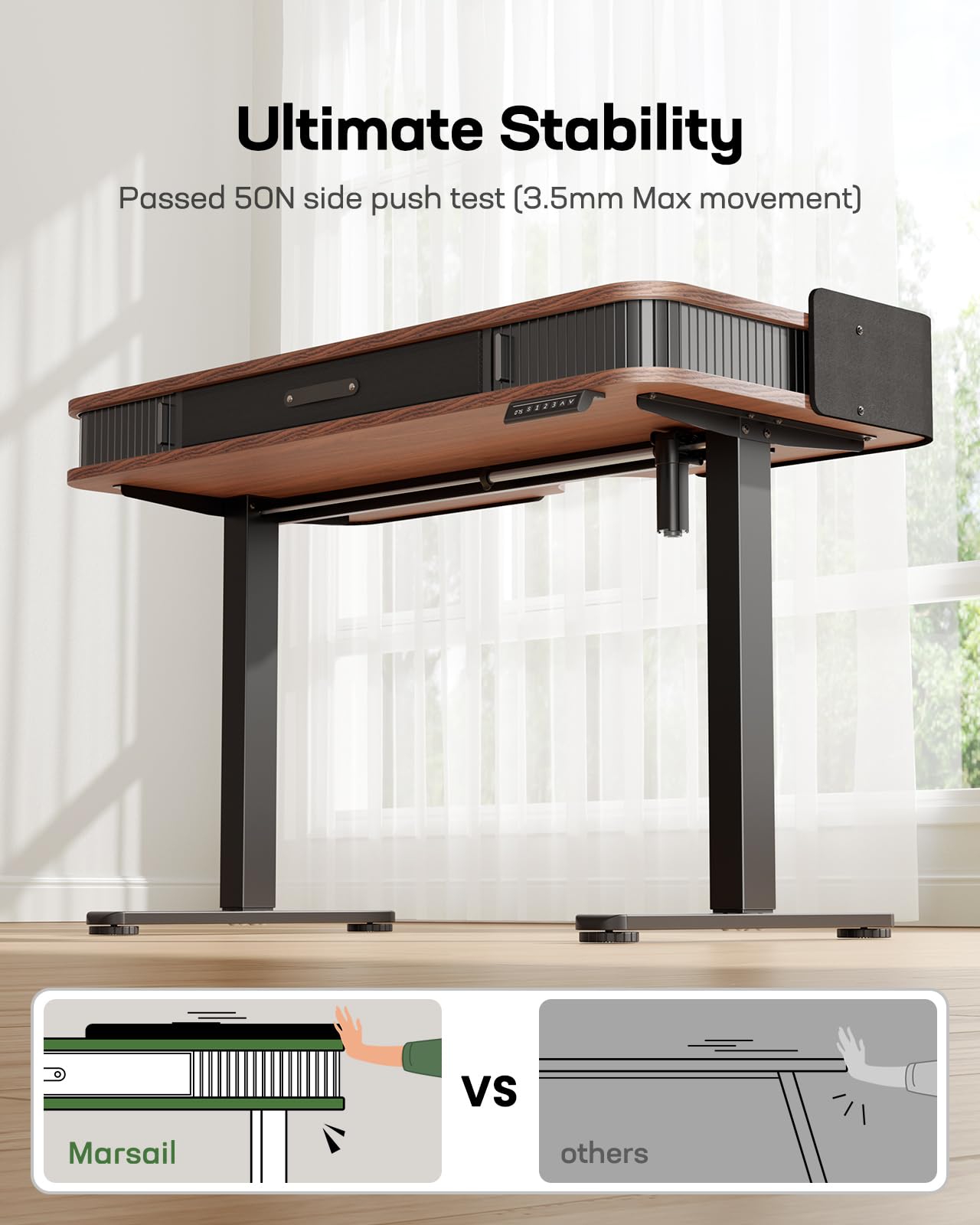 Marsail Electric Standing Desk Whole-Piece Desktop 55 x 28 Inches Height Adjustable Desk with 3 Drawers Home Office Table with 3 Memory Preset