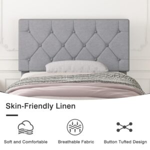 VECELO Twin Bed Frame with Button Tufted Headboard, Upholstered Platform Bedframe with Wood Slat Support, No Box Spring Needed, Grey