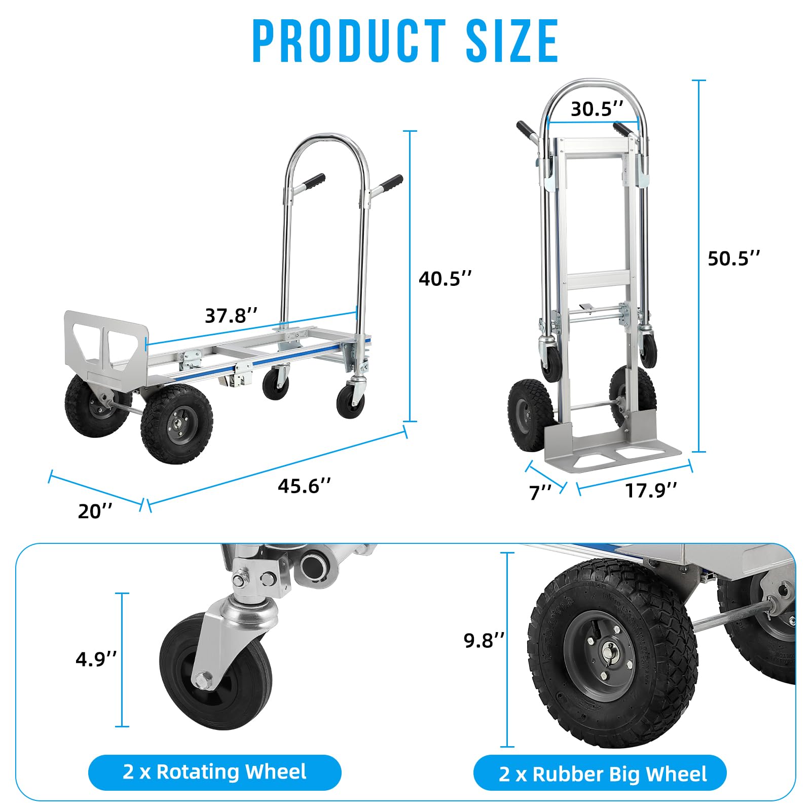 GarveeTech Convertible Hand Truck Dolly Platform Cart, Heavy Duty Industrial Collapsible Cart, Aluminum Dolly Cart with 2 Rubber Wheels & 2 Rotate Wheels for Luggage Moving Warehouse Supermarket